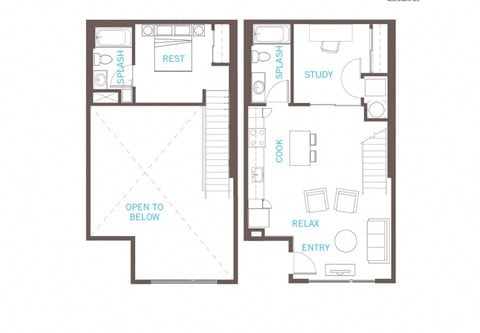 Floor plan for 1 bed, 2 baths, 963 sqft